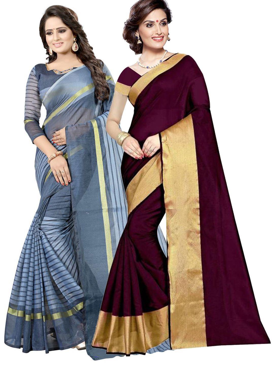 florence maroon & grey striped silk cotton saree