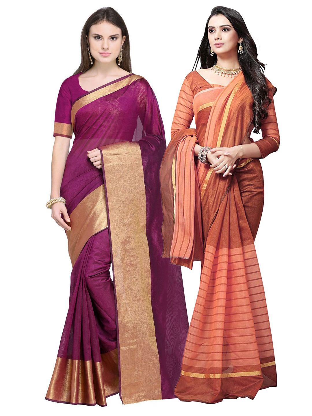 florence maroon & peach-coloured striped silk cotton saree