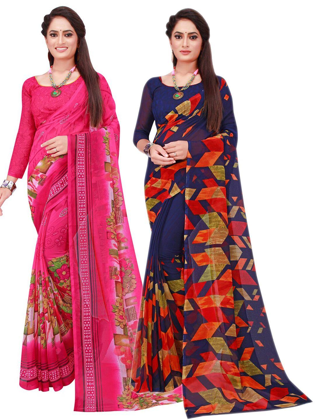 florence navy blue & pink set of 2 pure georgette saree