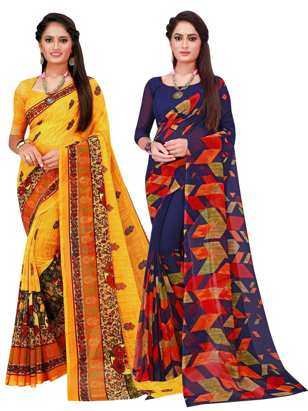 florence navy blue & yellow set of 2 pure georgette saree
