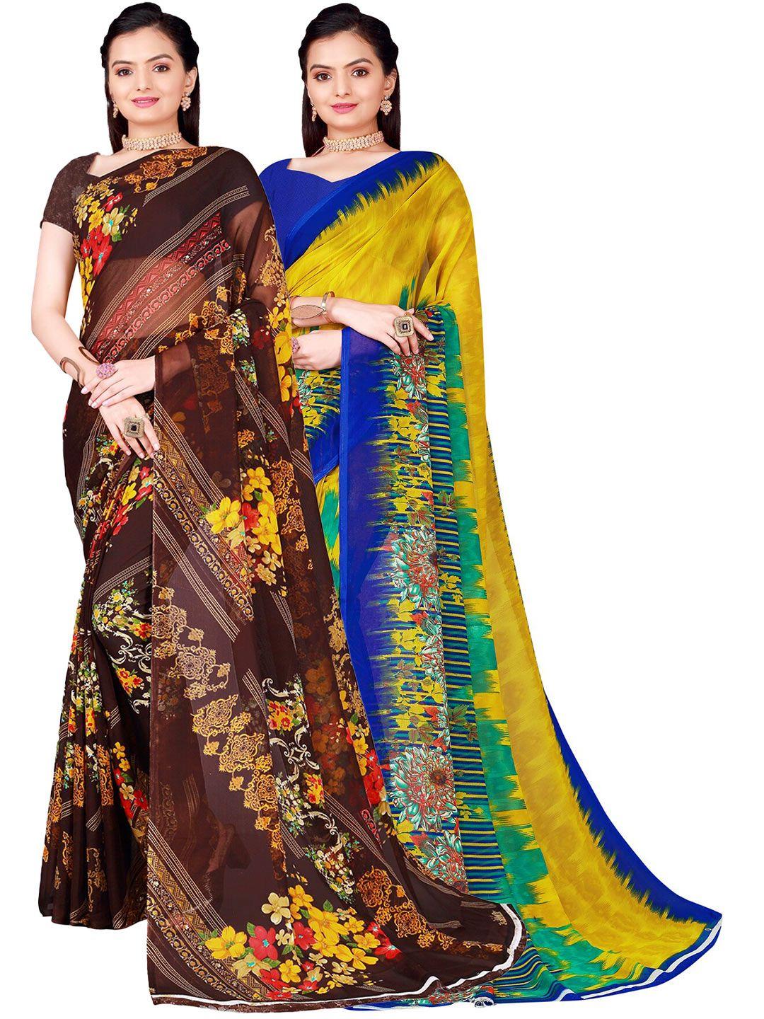 florence olive green & coffee brown floral pure georgette saree pack of 2
