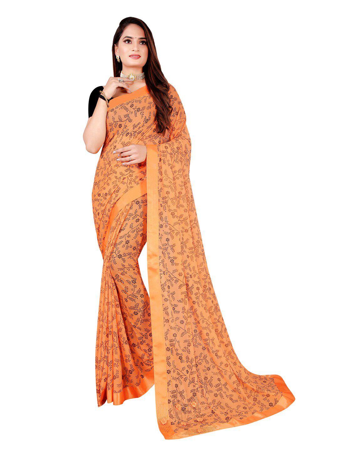 florence orange & black floral art silk saree