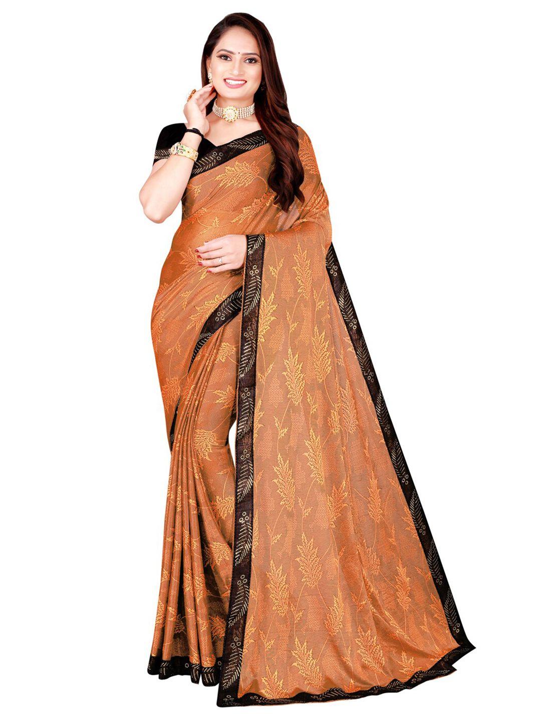 florence orange & black floral foil printed art silk saree