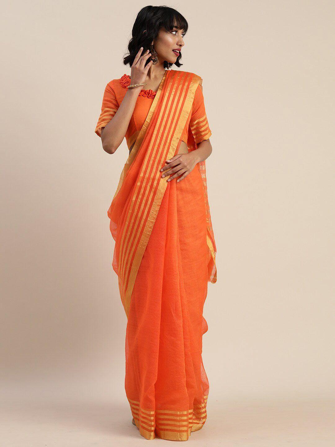 florence orange & gold-toned solid pure cotton saree