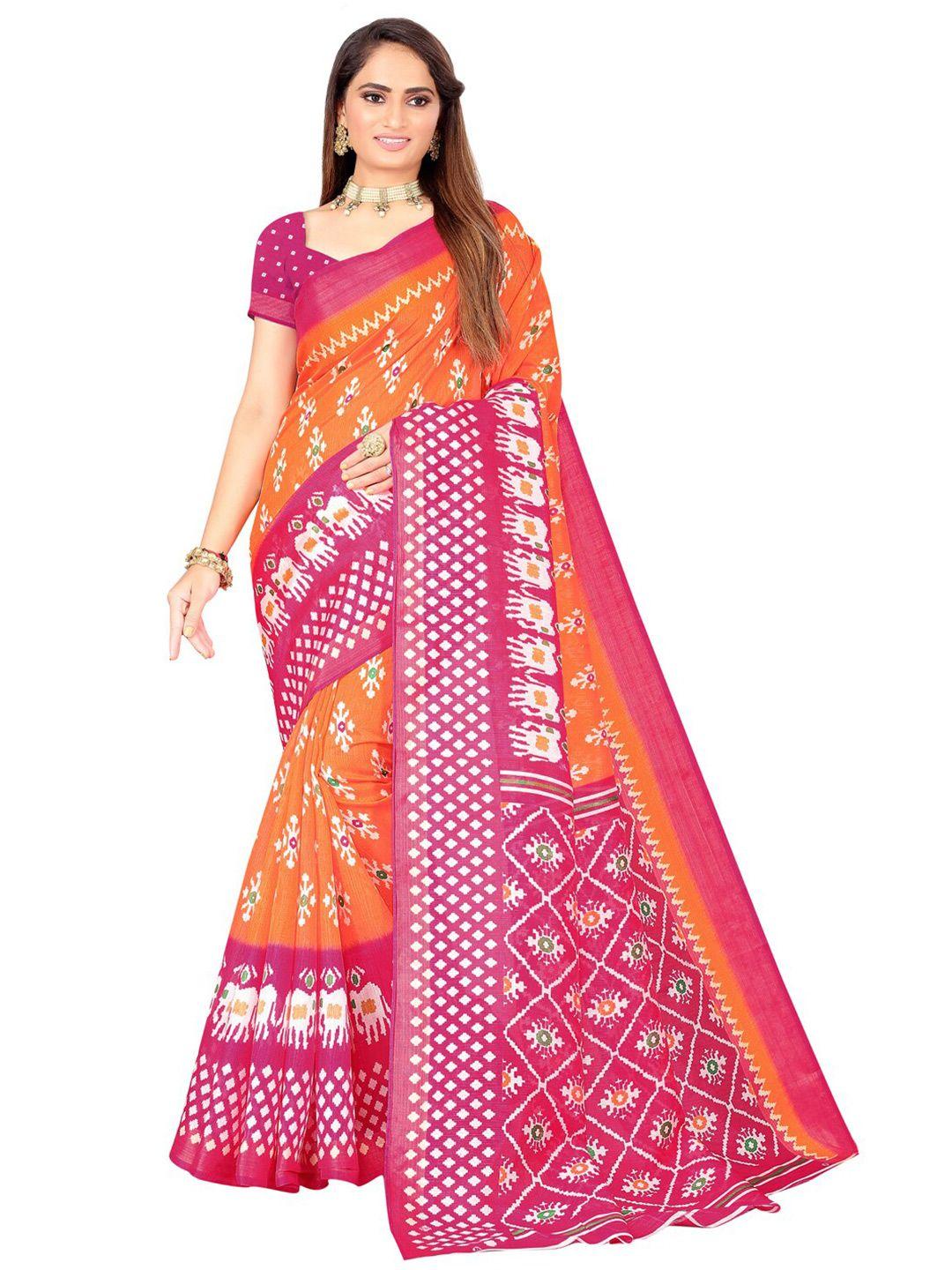 florence orange & pink ethnic motifs zari art silk ikat saree