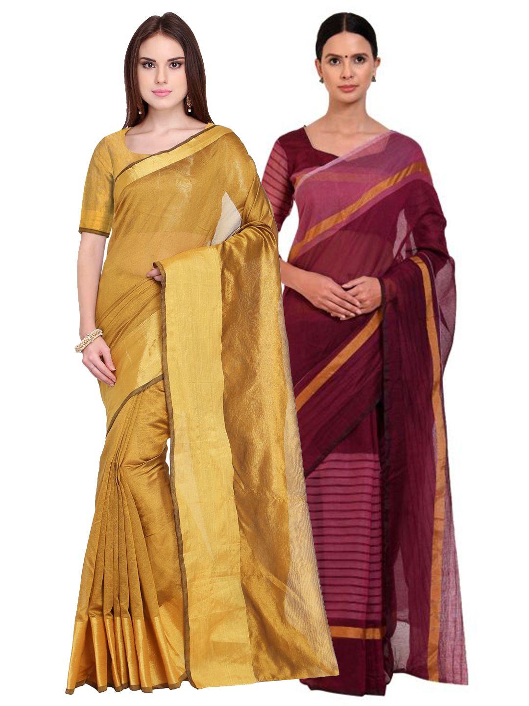 florence pack of 2 golden & burgundy zari silk cotton sarees