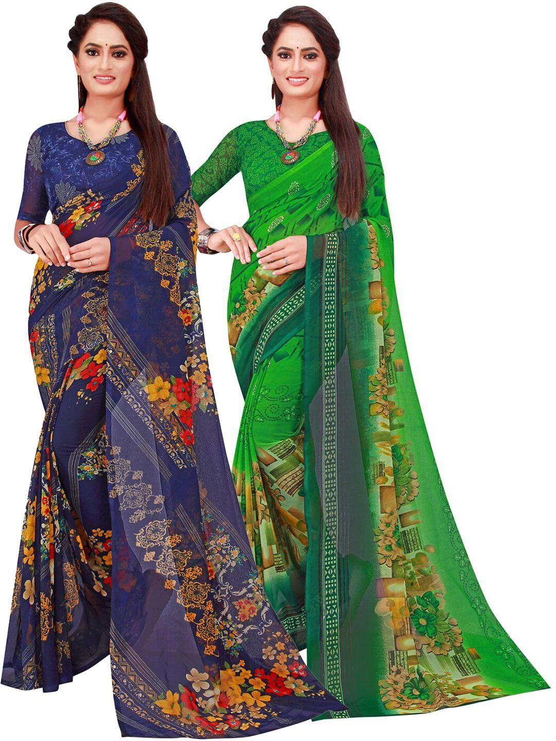 florence pack of 2 green & blue floral pure georgette sarees