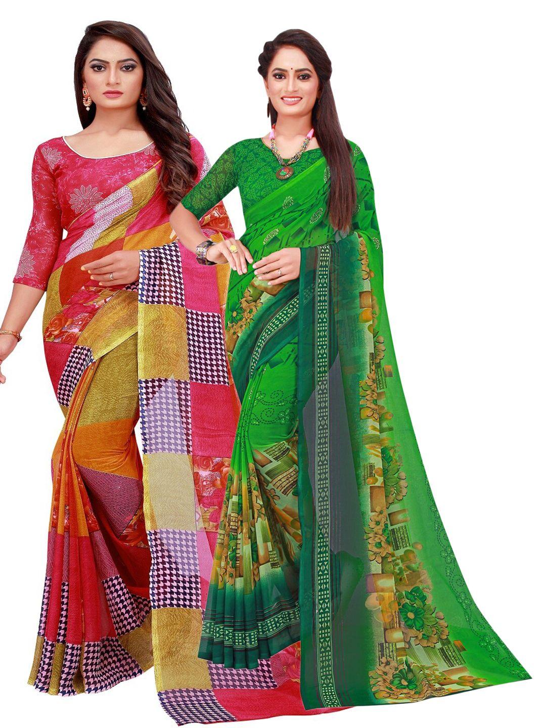 florence pack of 2 green & red printed pure georgette saree