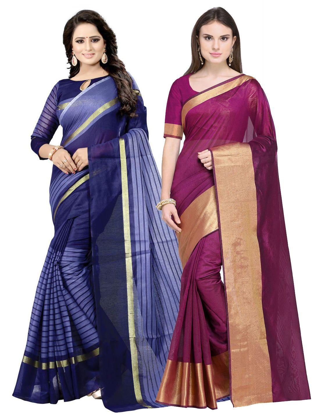 florence pack of 2 maroon & navy blue striped silk cotton sarees