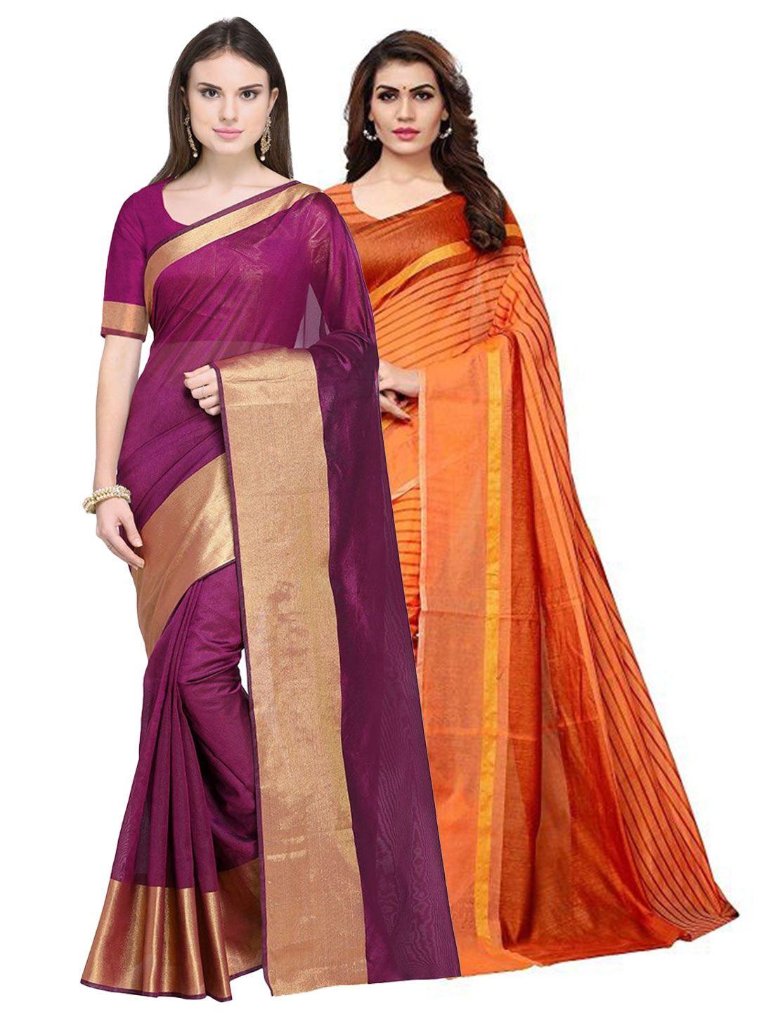 florence pack of 2 maroon & orange striped silk cotton sarees