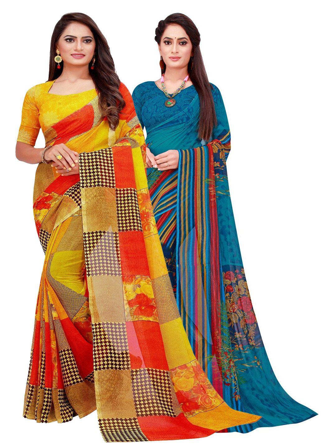 florence pack of 2 teal & yellow printed pure georgette saree