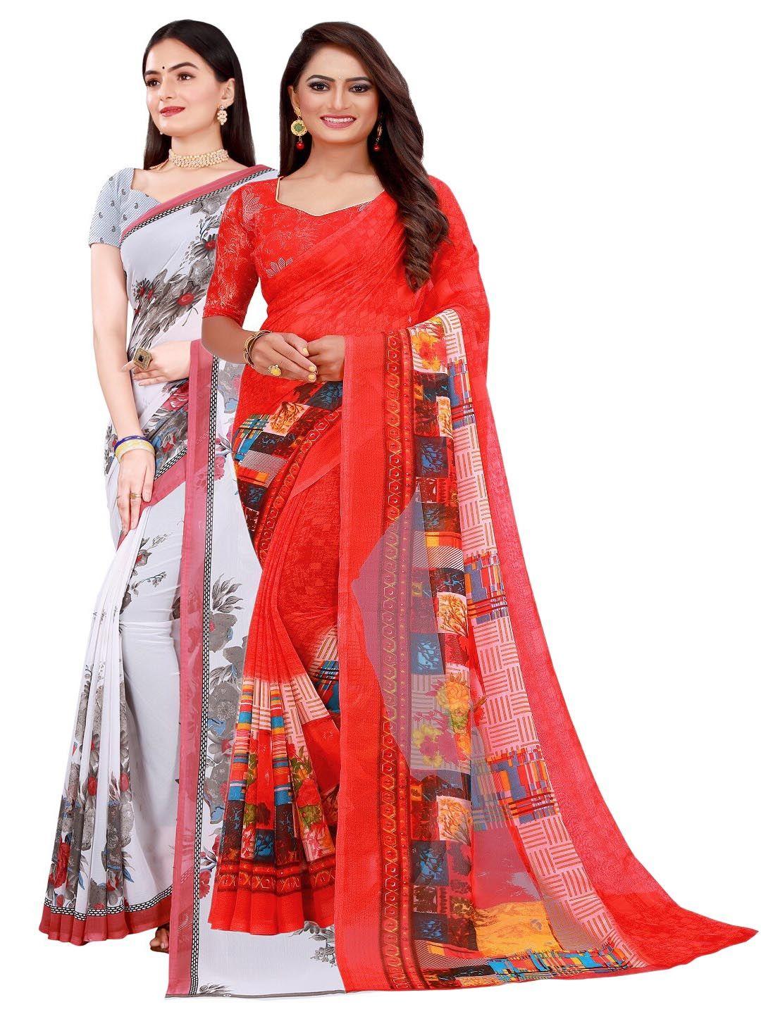 florence pack of 2 white & grey ethnic motifs pure georgette saree
