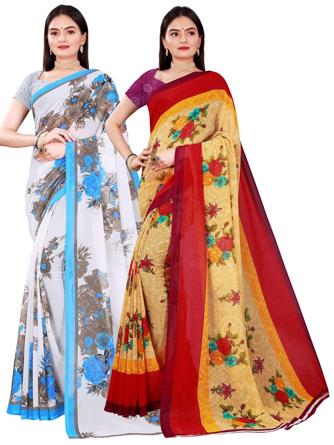 florence pack of 2 women beige & white printed pure georgette saree with unstitched blouse