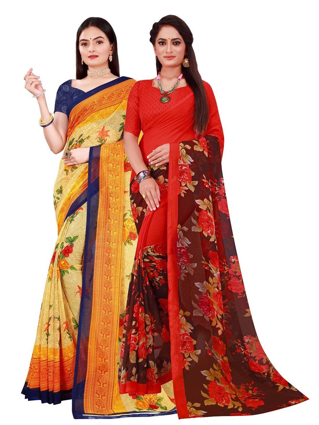 florence pack of 2 women yellow & red printed pure georgette saree with unstitched blouse