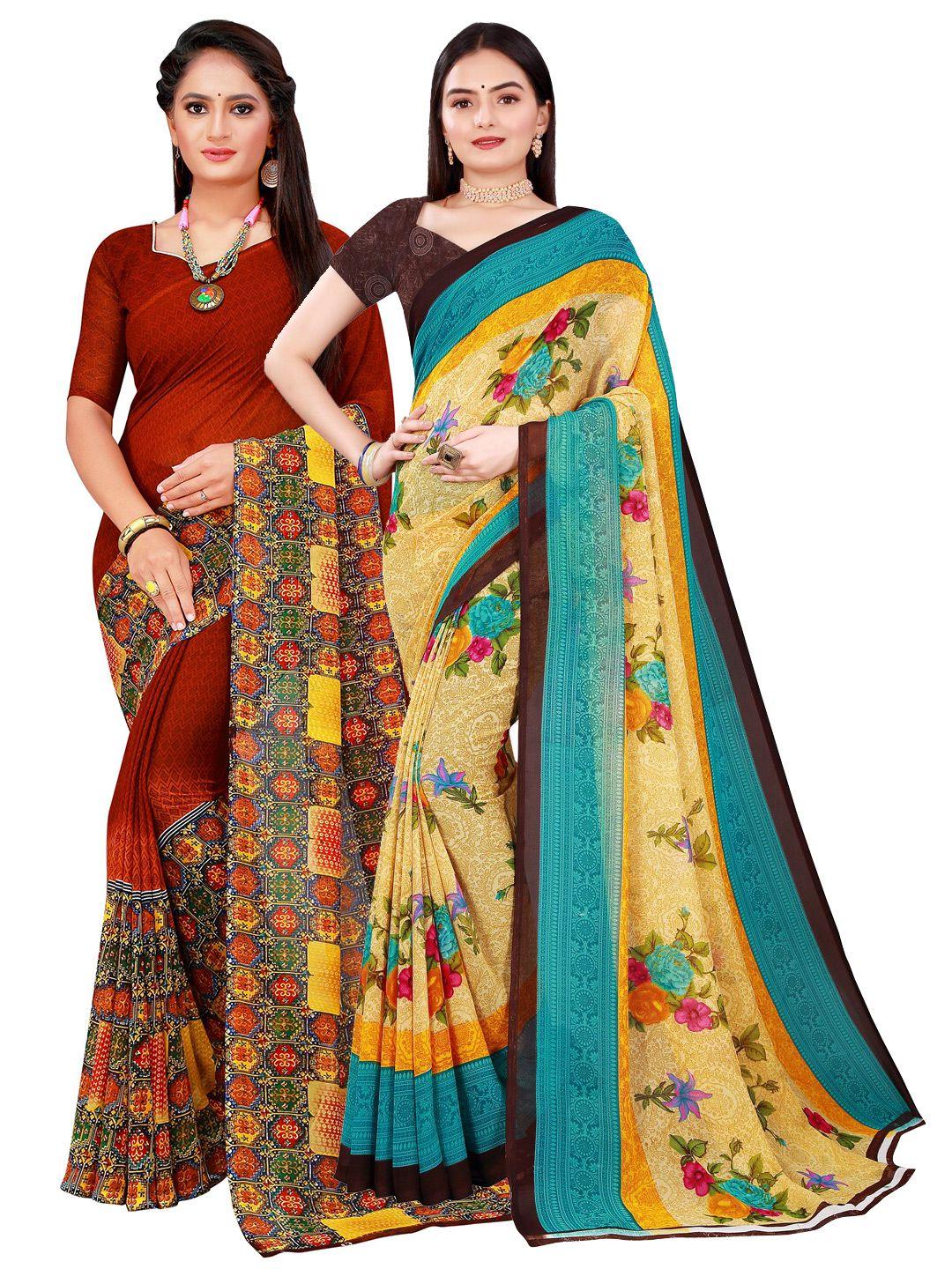 florence pack of 2 yellow & maroon ethnic motifs pure georgette saree