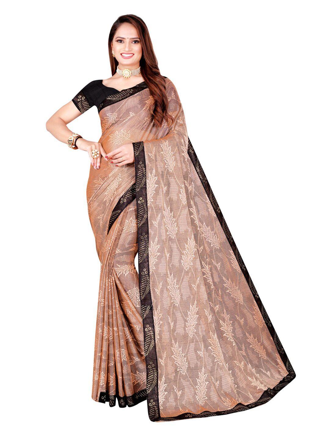 florence peach-coloured & black floral art silk saree