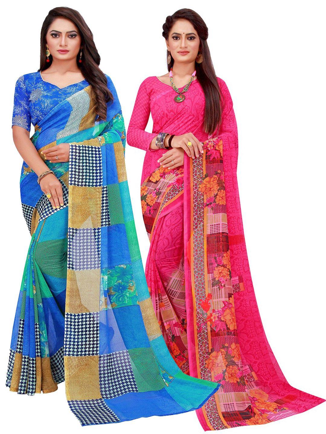 florence pink & blue printed pure georgette saree