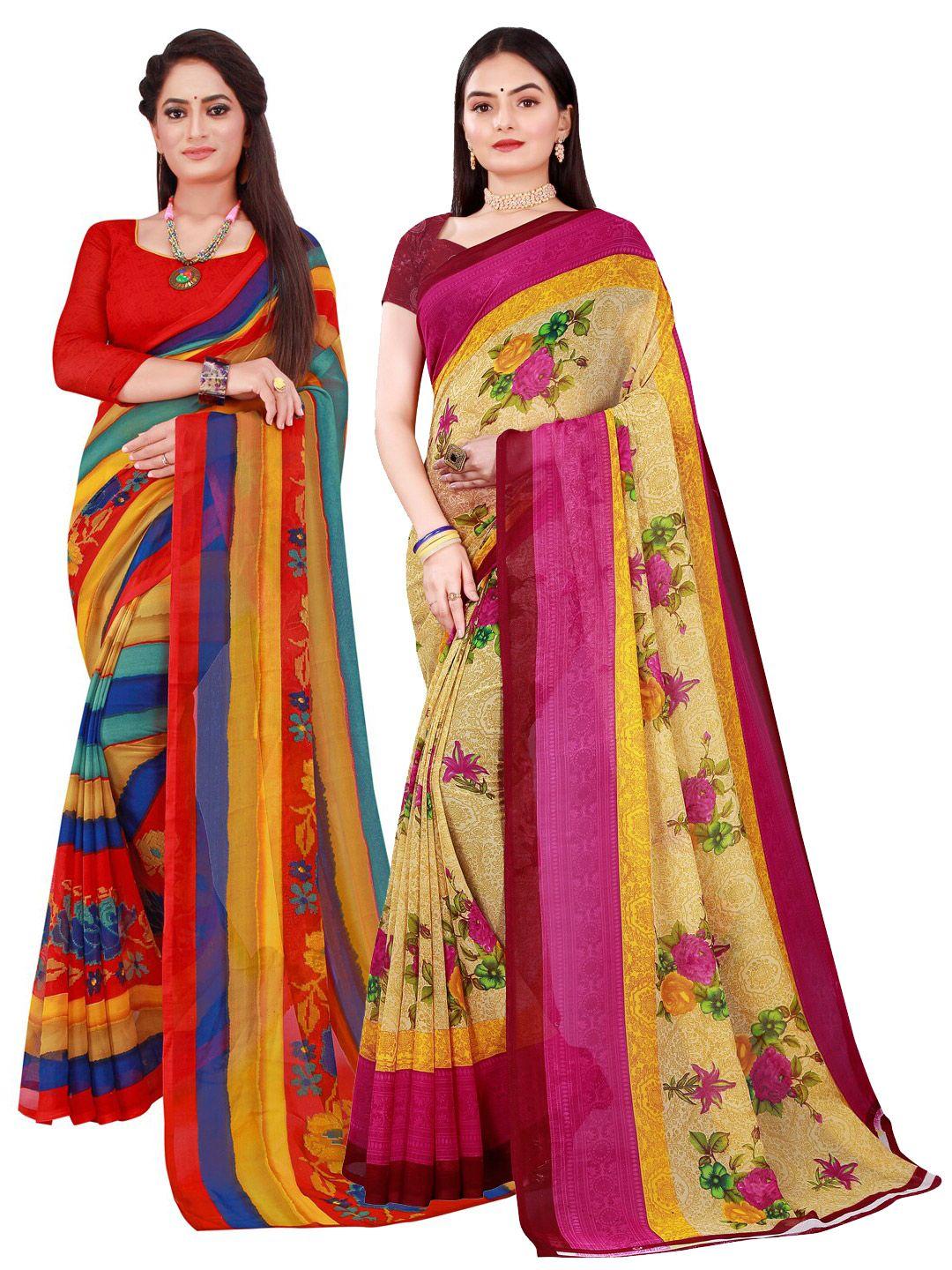 florence pink & yellow pack of 2 printed pure georgette saree