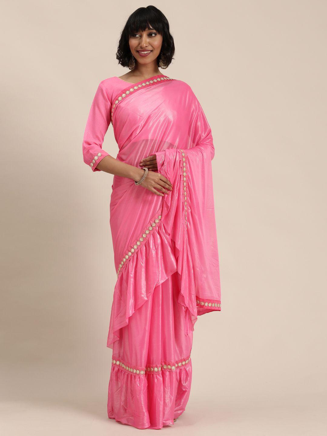 florence pink solid voile ruffled saree