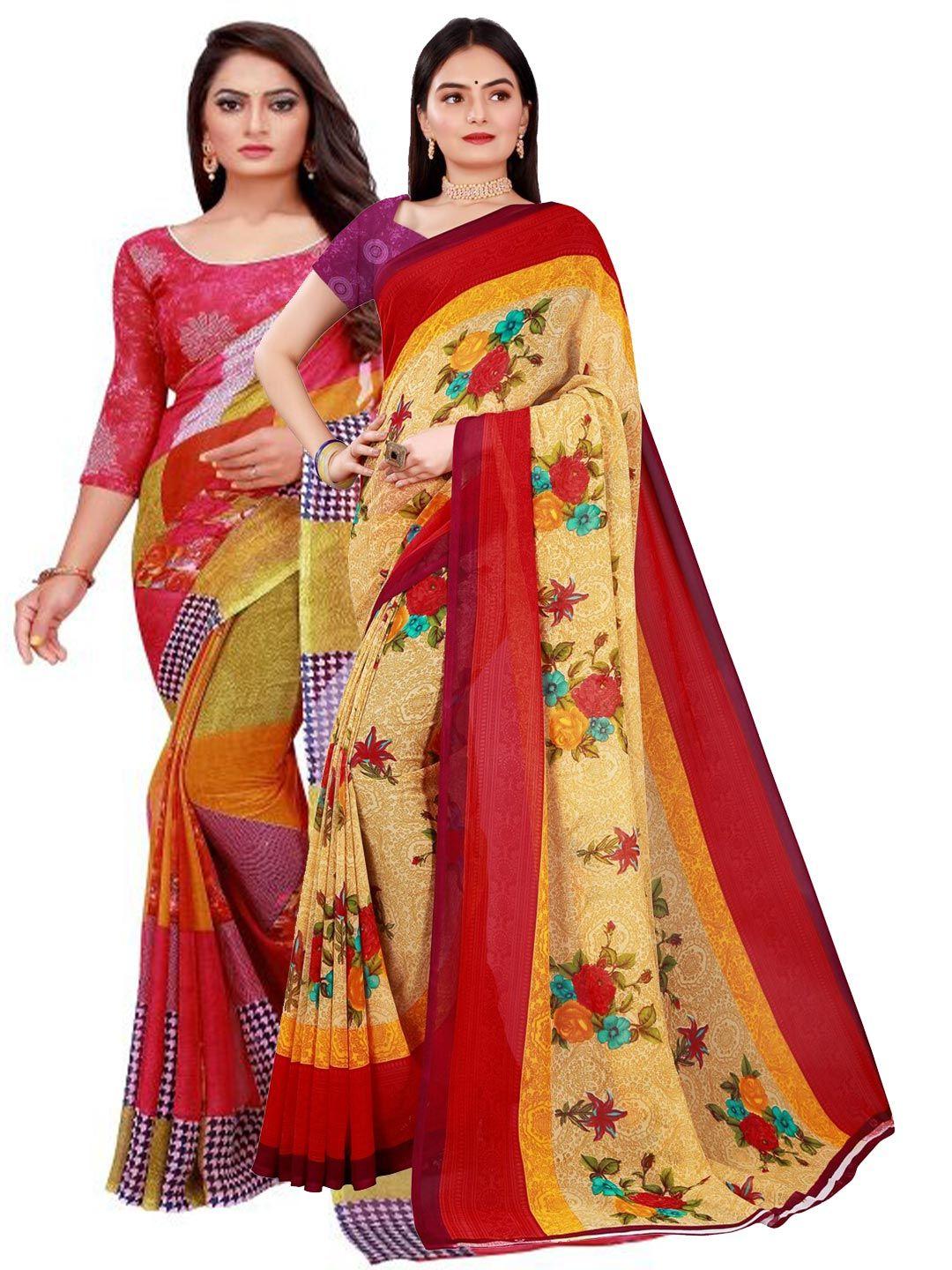 florence red & beige set of 2 pure georgette printed saree