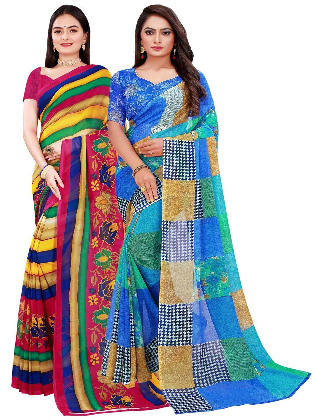 florence red & blue printed pure georgette saree