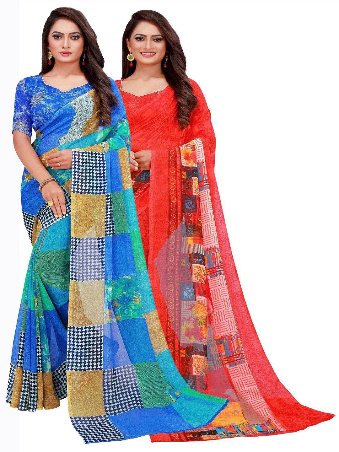 florence red & blue printed pure georgette saree