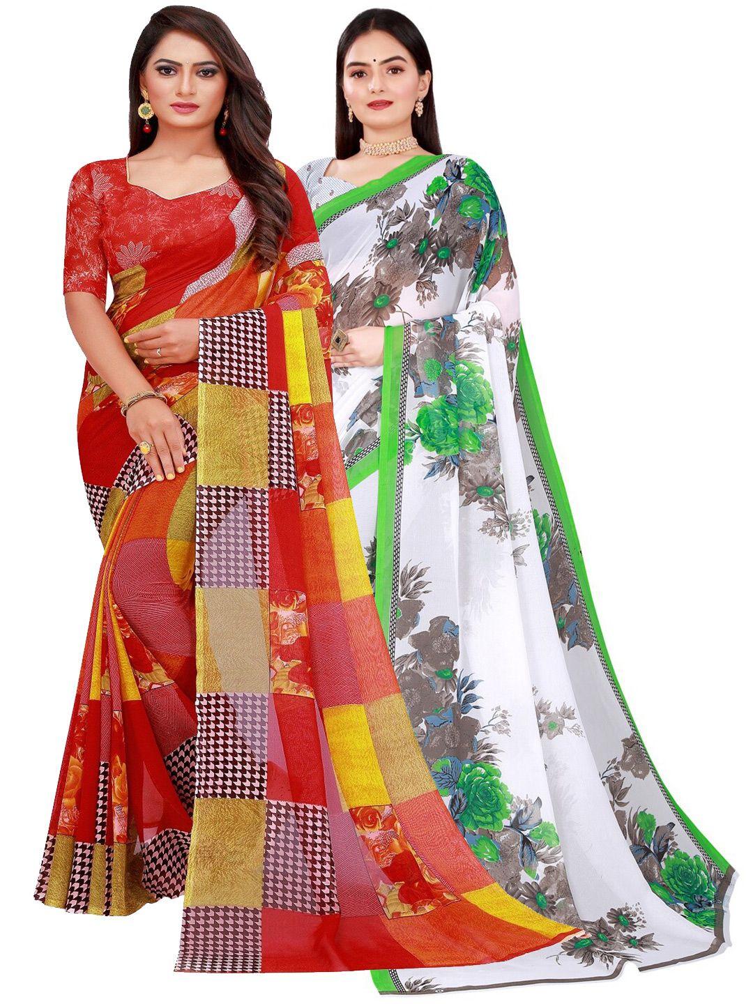 florence red & white set of 2 floral printed pure georgette saree