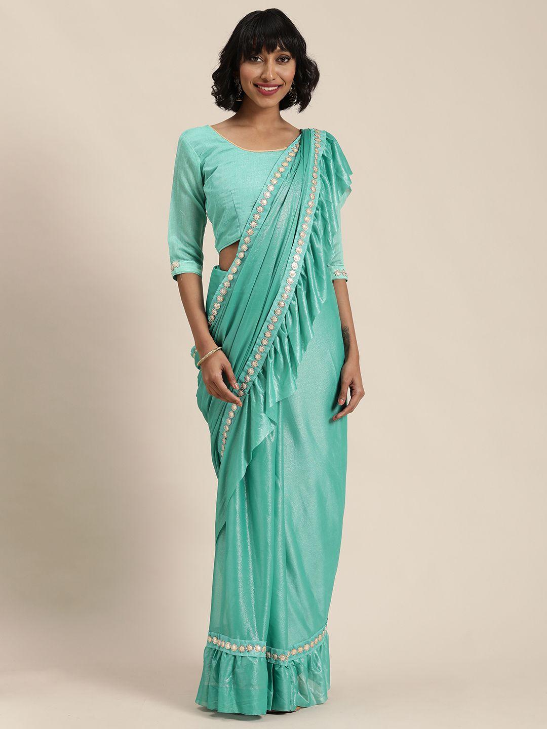 florence sea green solid voile ruffled saree