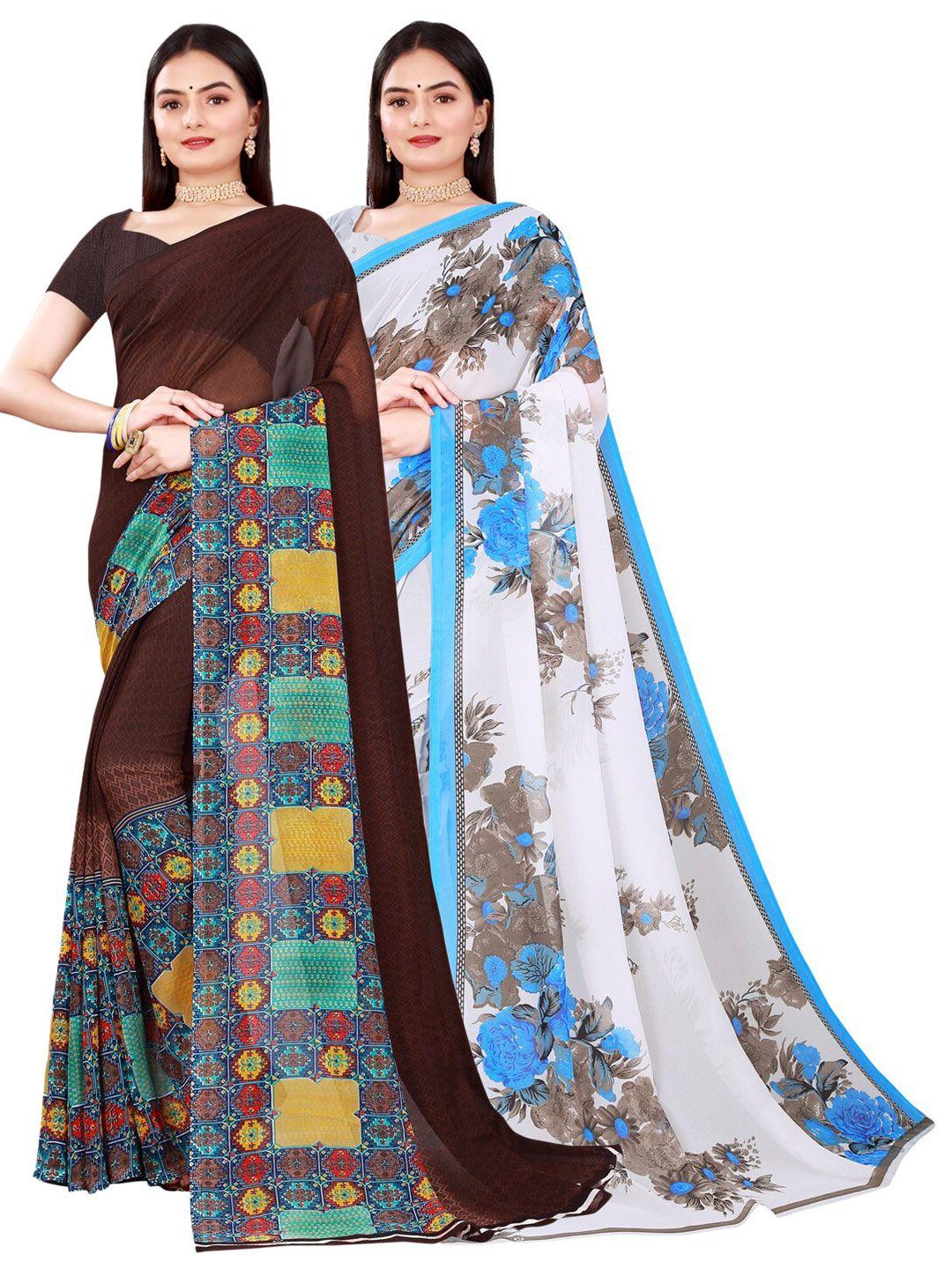 florence set of 2 brown & white floral pure georgette saree