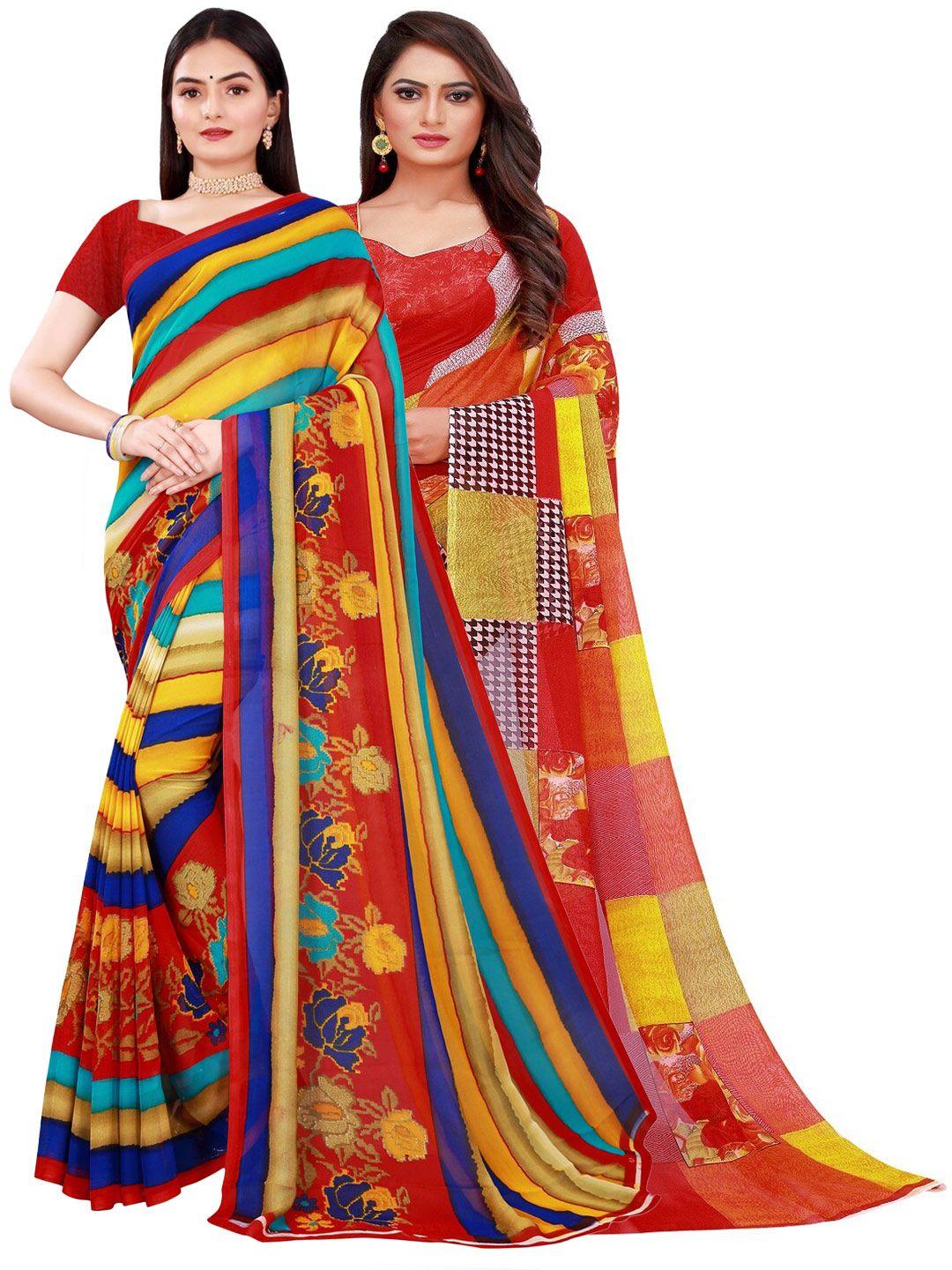 florence set of 2 red & yellow floral pure georgette saree