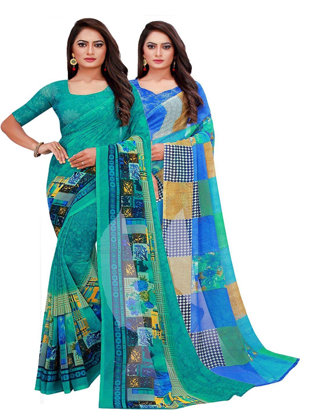 florence teal & blue geometric print pack of 2 pure georgette saree