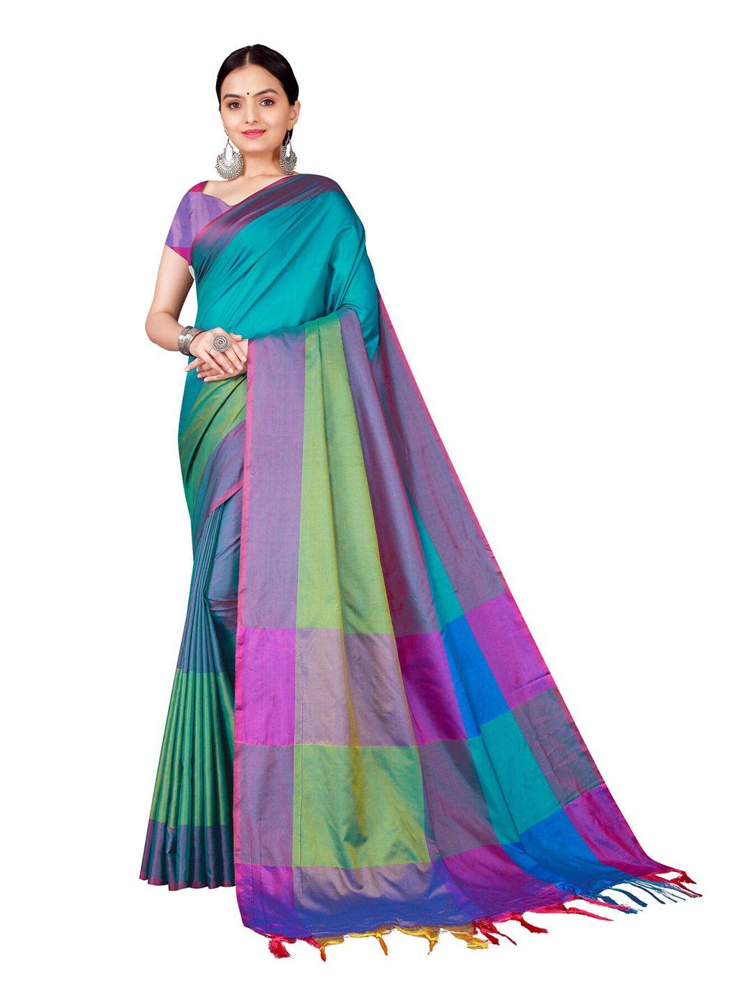 florence teal & purple colourblocked cotton silk saree