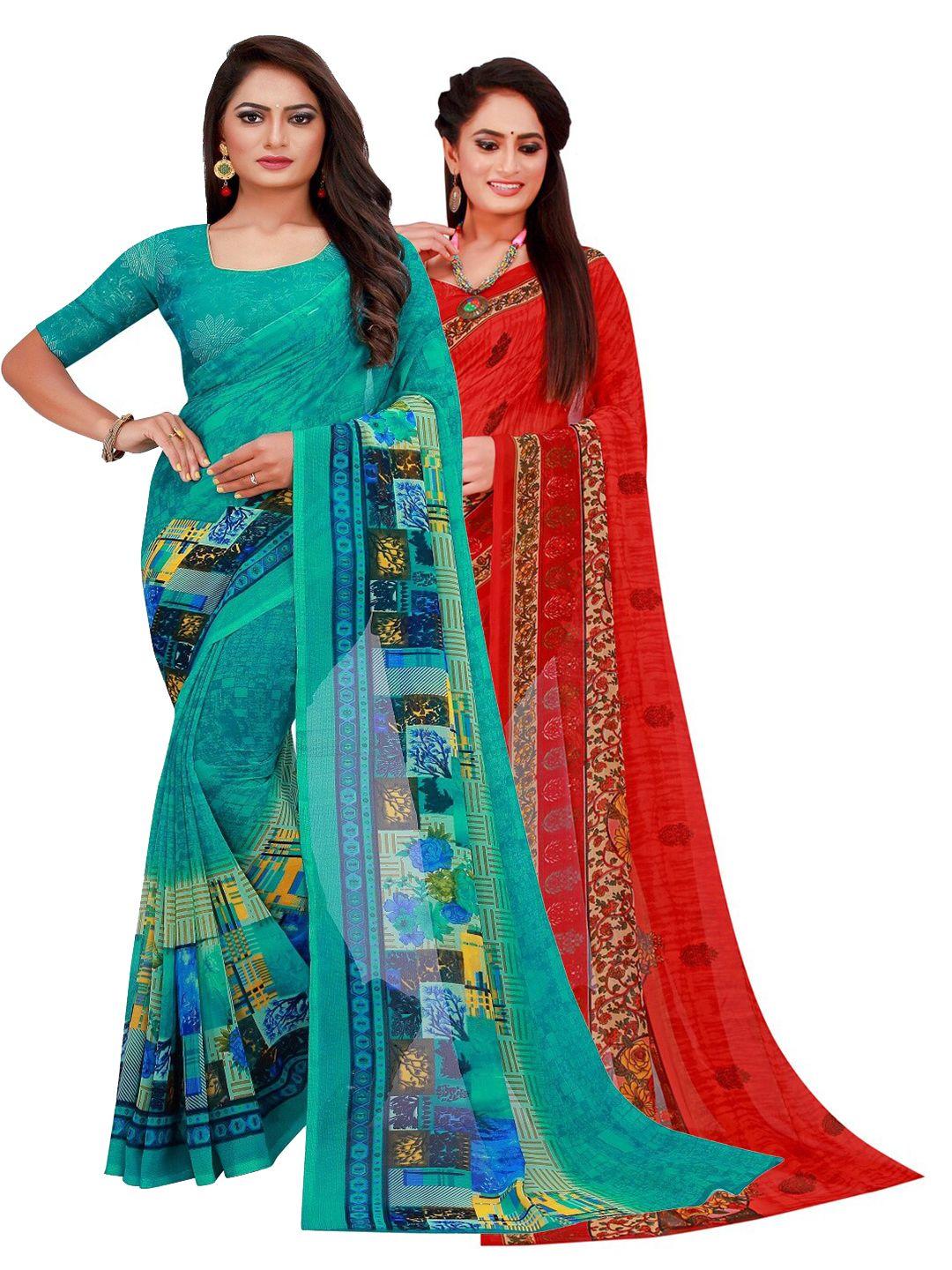 florence turquoise & red set of 2 floral printed pure georgette saree