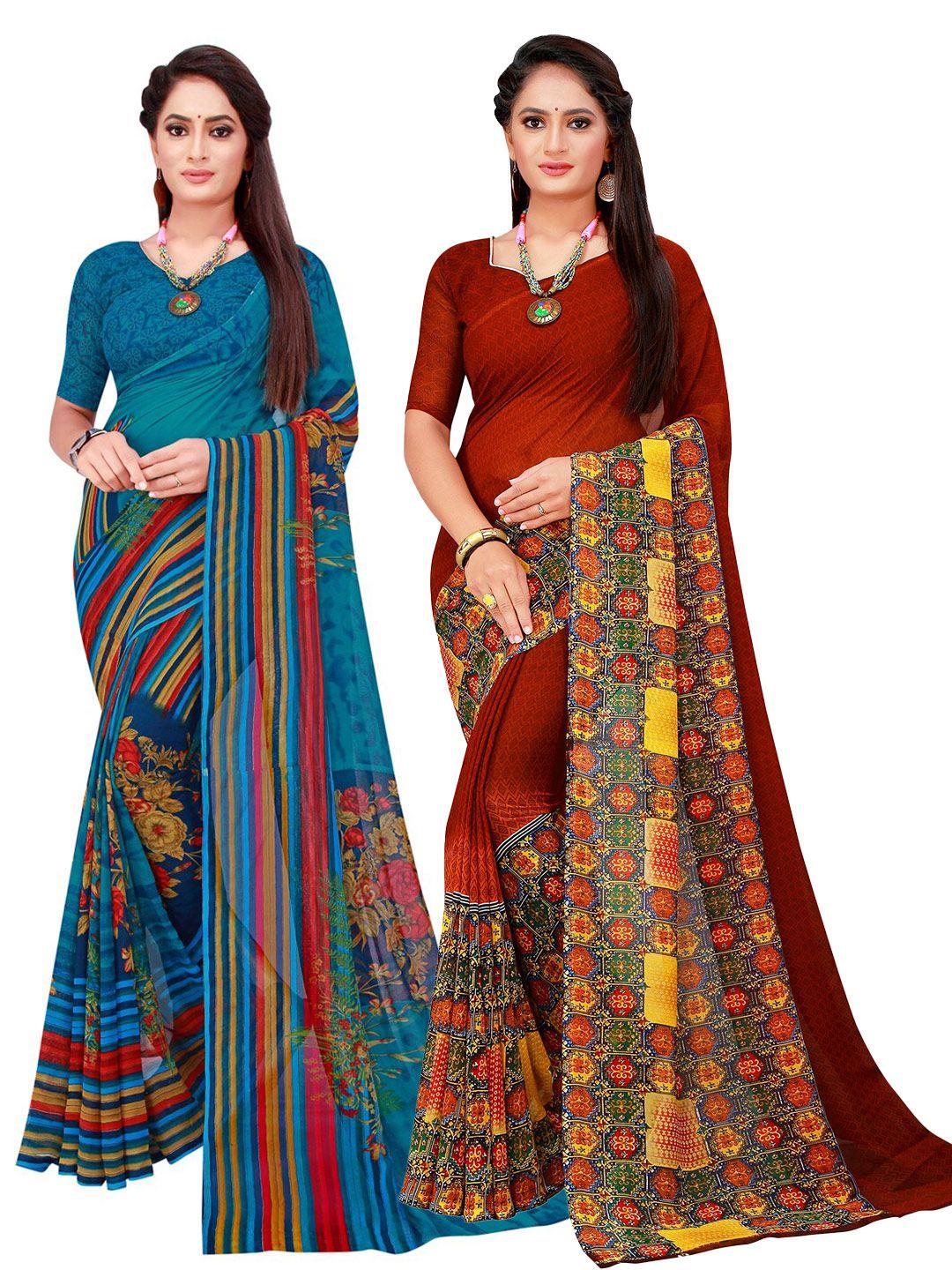 florence turquoise blue & brown pack of 2 printed pure georgette saree