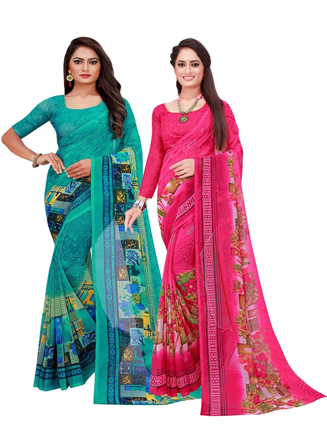 florence turquoise blue & pink printed pure georgette saree pack of 2