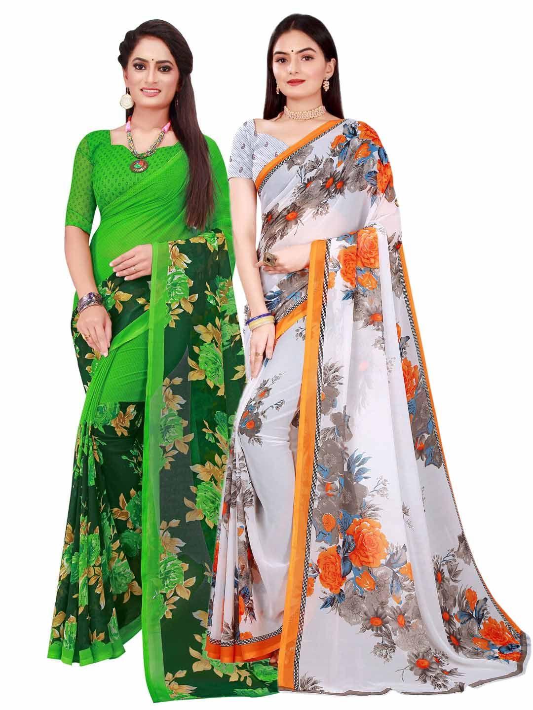 florence white & green pure georgette saree