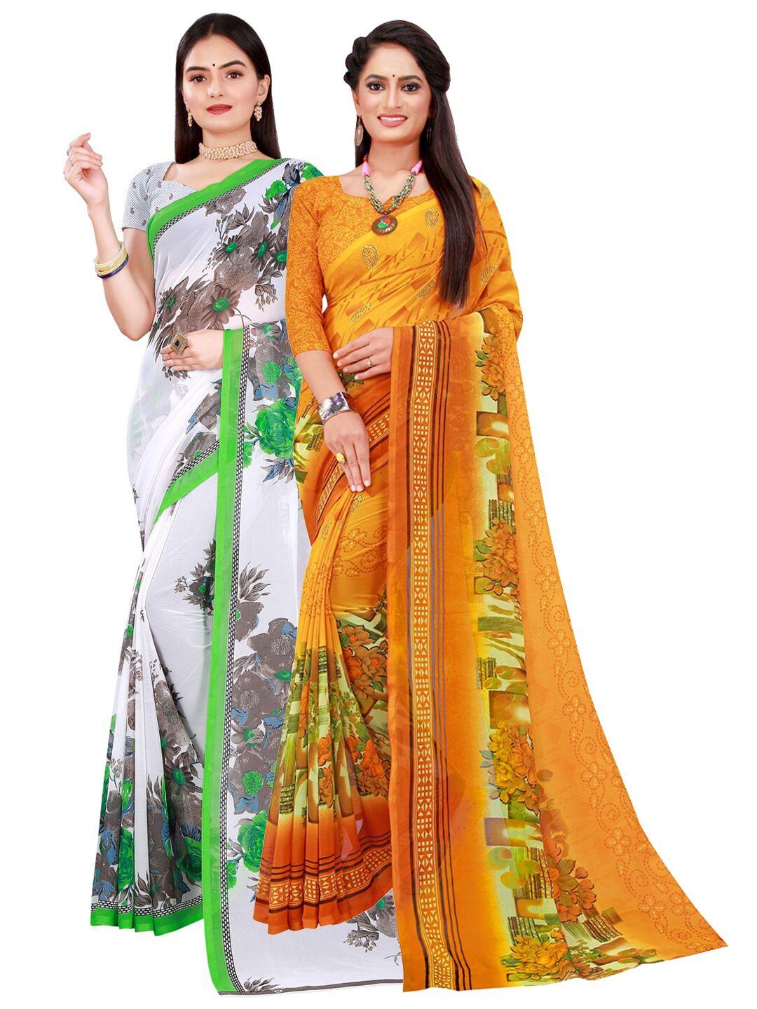 florence white & yellow pure georgette saree