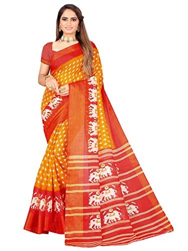 florence women's orange and red bhagalpuri silk ikat printed saree with blouse