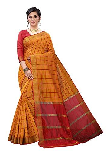 florence women's yellow cotton silk checkes print printed saree with blouse