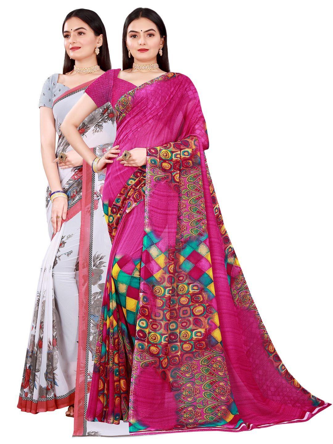 florence women pack of 2 magenta & white floral and geometric print pure georgette sarees