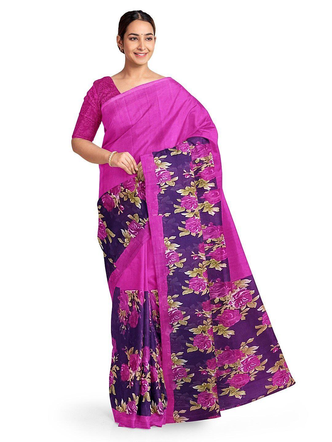 florence women pink & purple floral pure georgette fusion dharmavaram saree