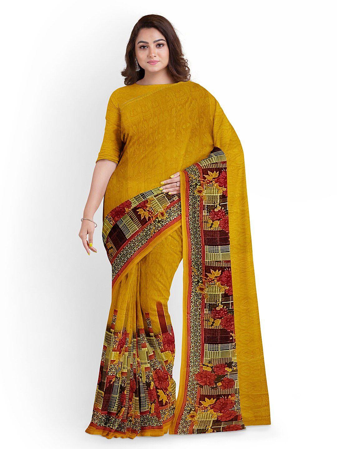 florence yellow & brown floral pure georgette fusion dharmavaram saree