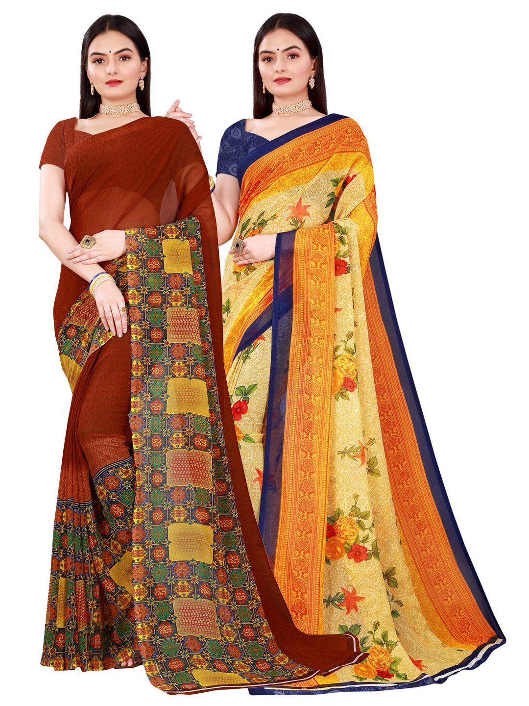 florence yellow & brown set of 2  pure georgette saree