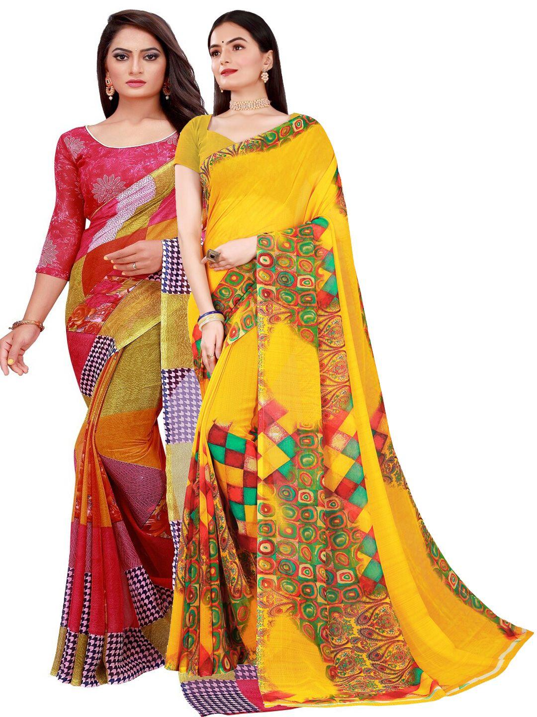 florence yellow & fuchsia pure georgette saree