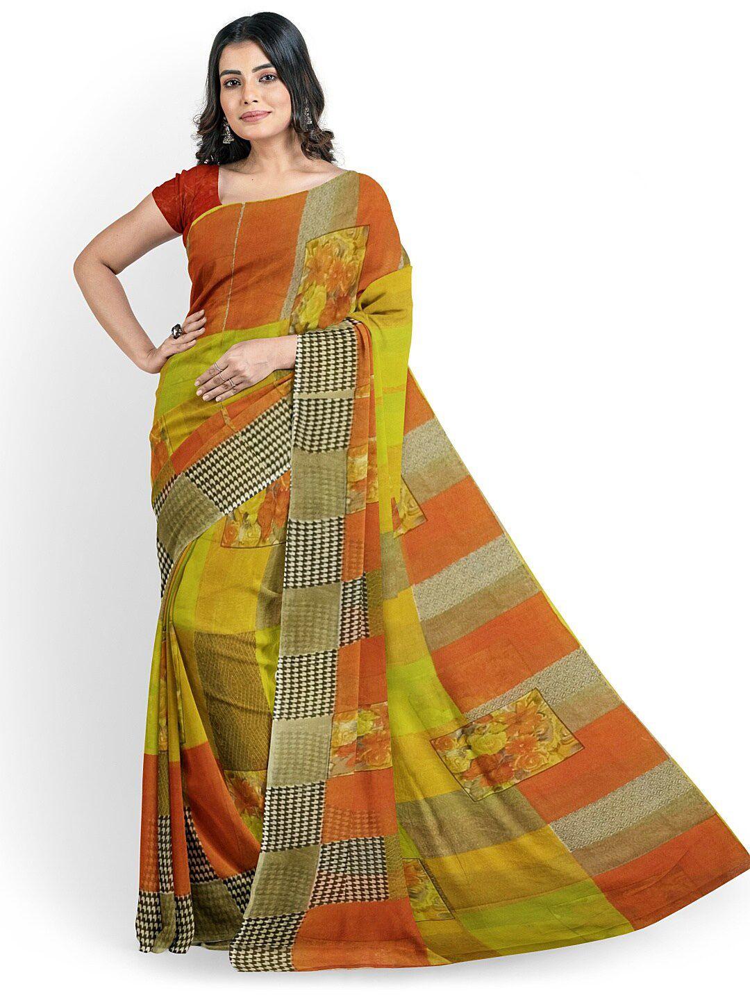 florence yellow & green ethnic motifs pure georgette fusion saree