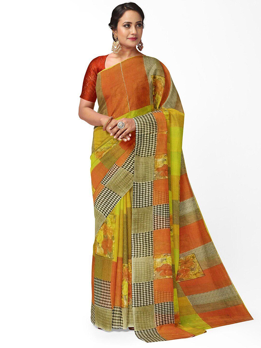 florence yellow & green floral pure georgette fusion dharmavaram saree