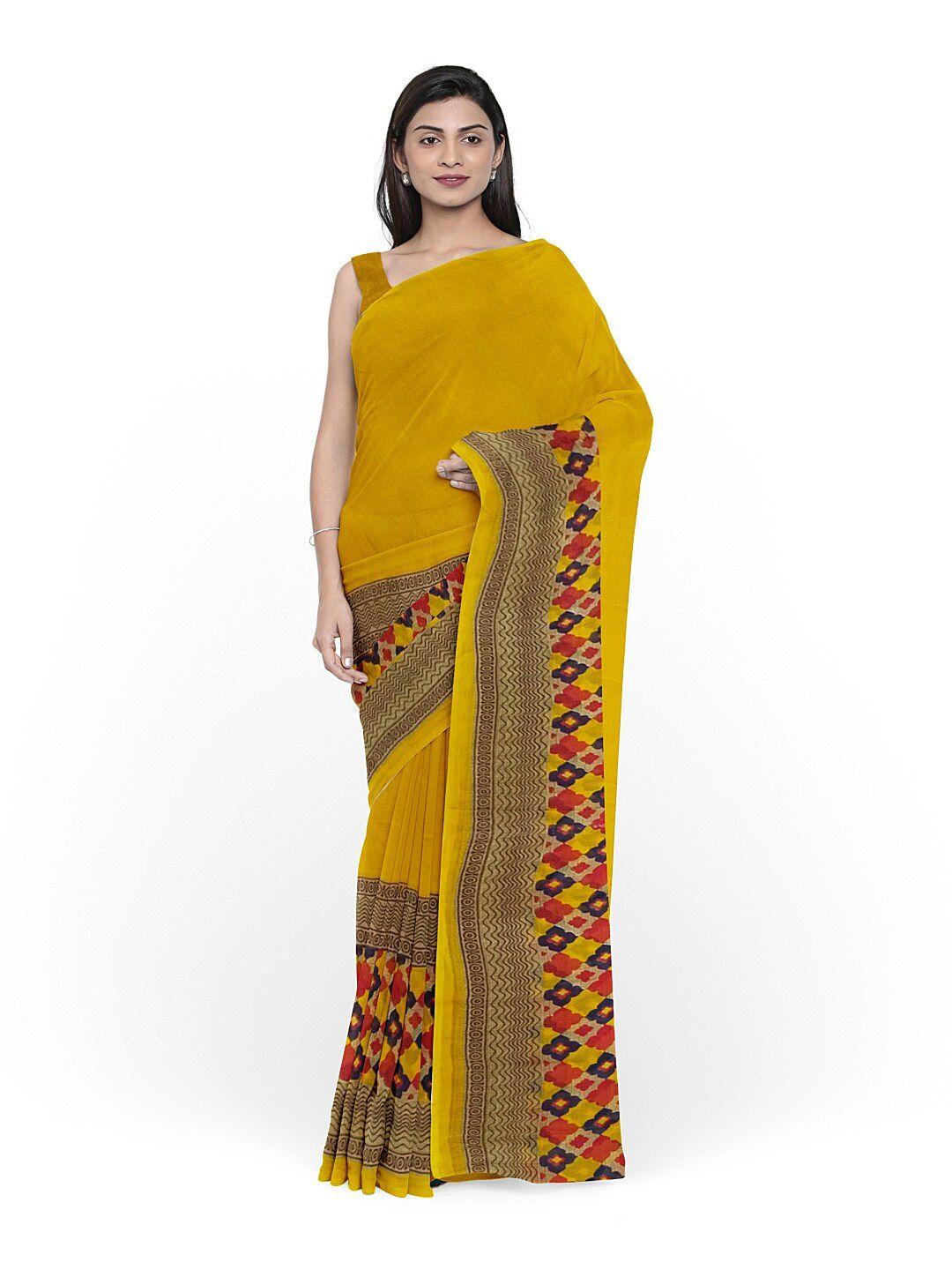 florence yellow & red ethnic motifs pure georgette fusion dharmavaram saree