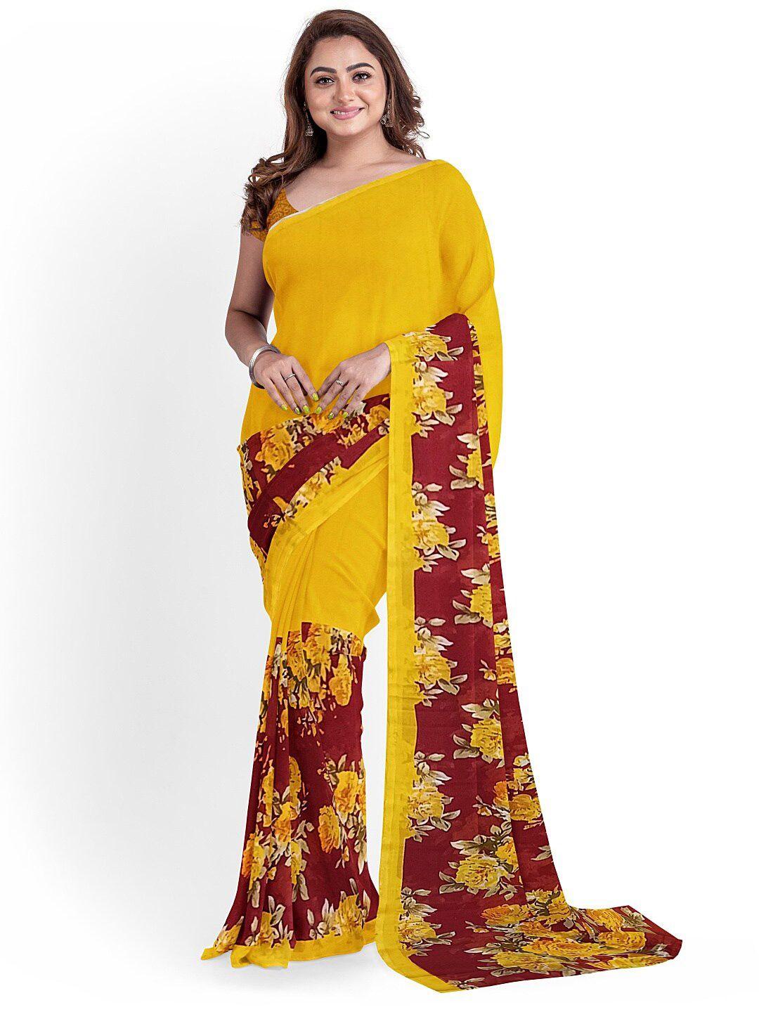 florence yellow & red floral printed pure georgette dharmavaram saree