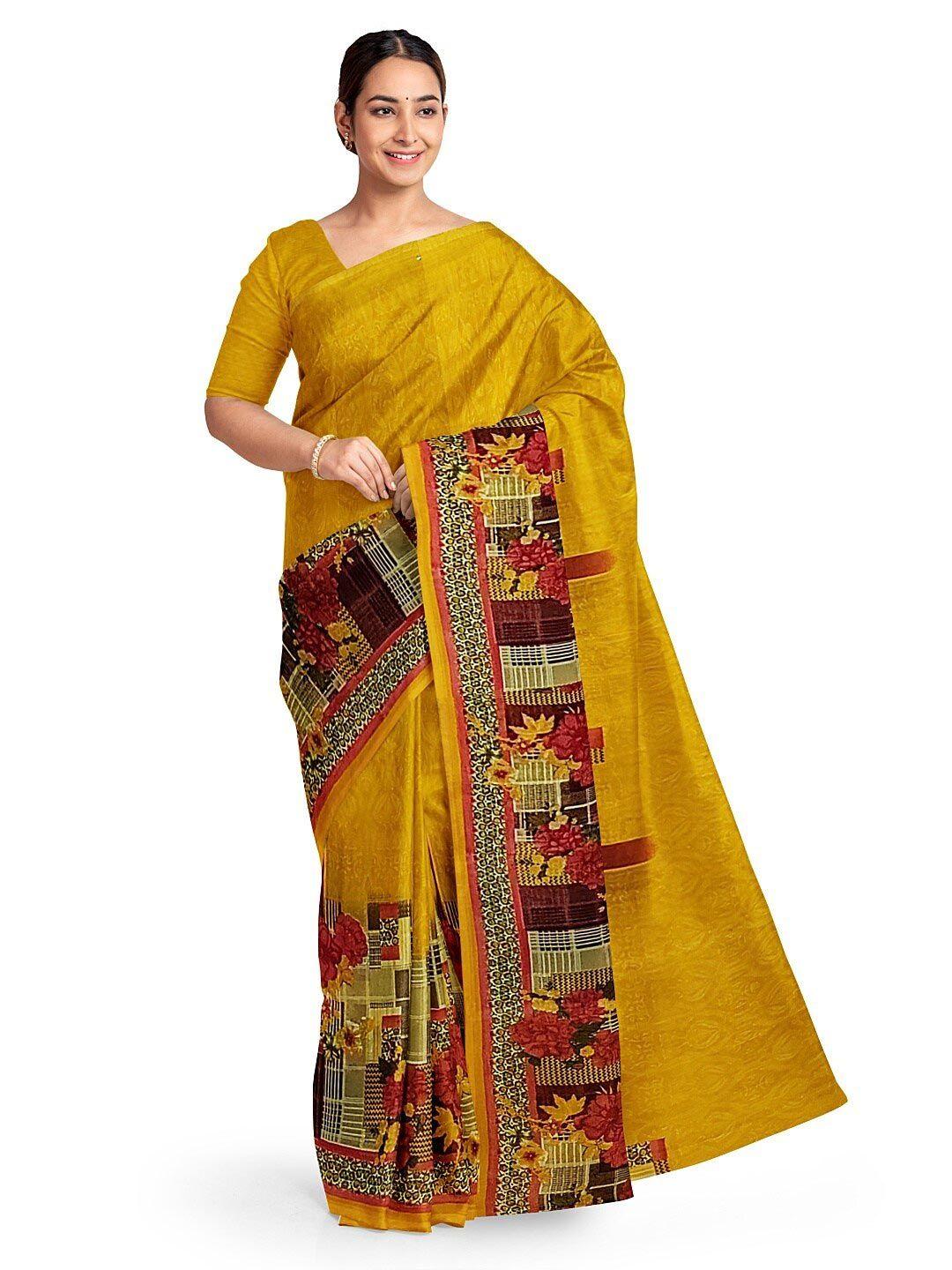 florence yellow & red floral pure georgette fusion dharmavaram saree