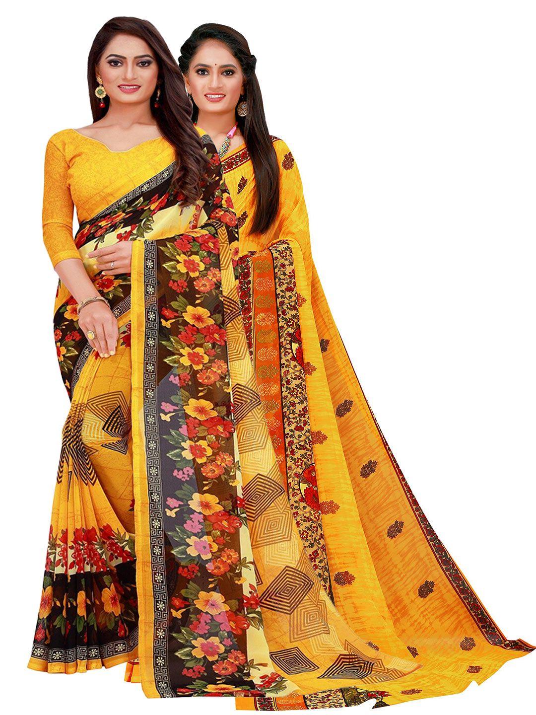florence yellow & red floral set of 2 pure georgette saree